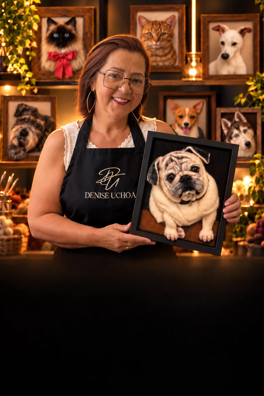 Denise Uchôa segurando um quadro de pug feito em feltragem, com outros retratos de pets ao fundo